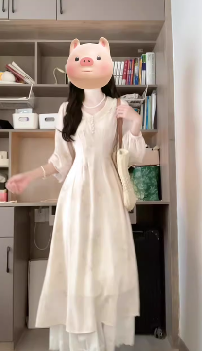 Tea break French style gentle temperament v-neck long-sleeved dress super beautiful waist skirt female R0467