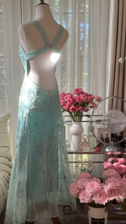 Retro Sparkling Light Blue Sweetheart Design A-line Romantic Chiffon Evening Dress Prom Dress D1480