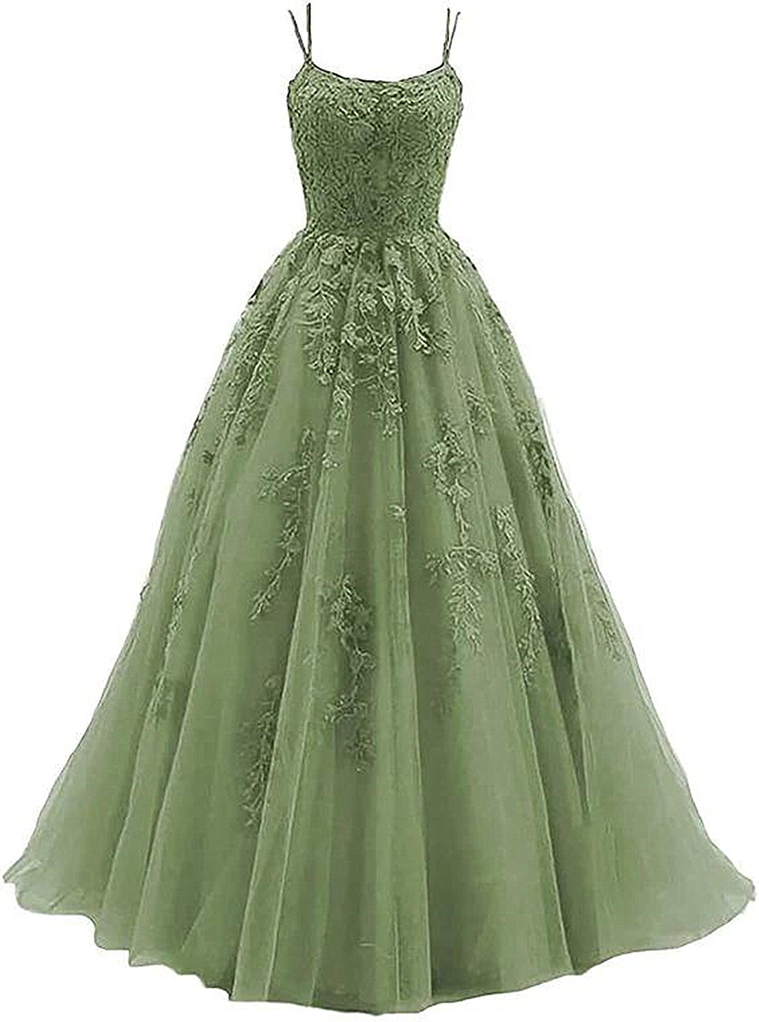 Beautiful Green Tulle With Lace Applique Prom Gowns, Green Prom Dresses