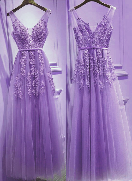 Beautiful Light Purple Tulle V-Neckline Prom Dresses , Tulle Prom Gown
