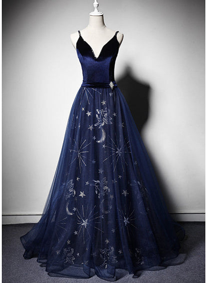 Beautiful Navy Blue Straps Velvet Long Prom Dresses, Tulle Blue Prom Gowns