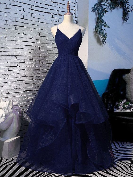 Beautiful Navy Blue Tulle V-Neckline Straps Long Prom Dresses, Blue Prom Gowns