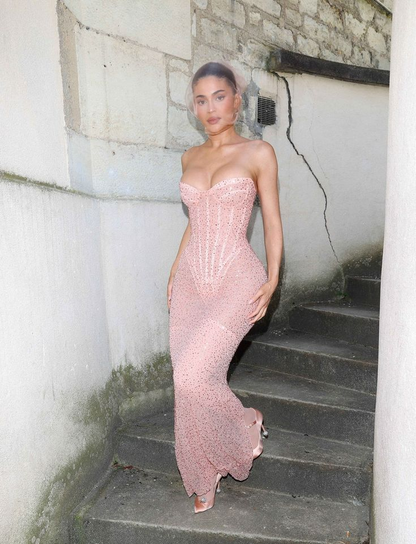 Shiny Pink Sweetheart Sequins Mermaid Long Evening Party Dress MD7354