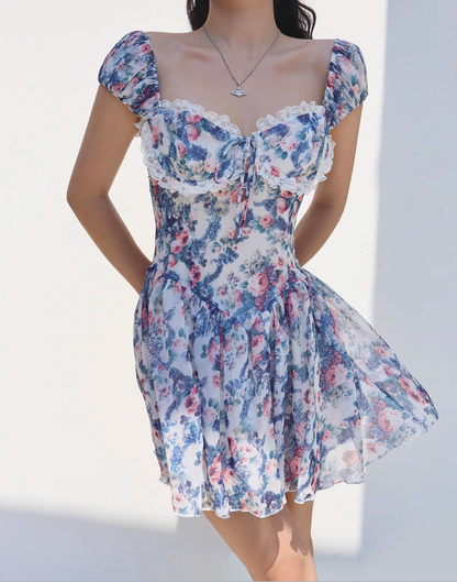 Retro countryside blue floral print dress lace one shoulder vacation skirt R2869