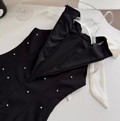 Bowknot halter neck black suspender dress 2025 slim A-line skirt beaded diamond bottoming skirt R0283