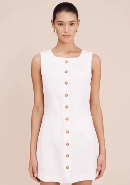 Dress White French Sleeveless Single Breasted Slim Fit A-Line Short R2910