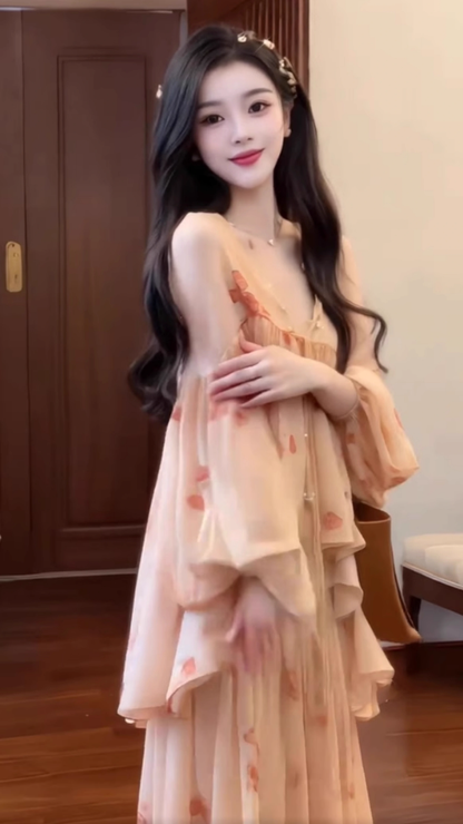 Gentle temperament floral dress waist beautiful summer skirt R0748