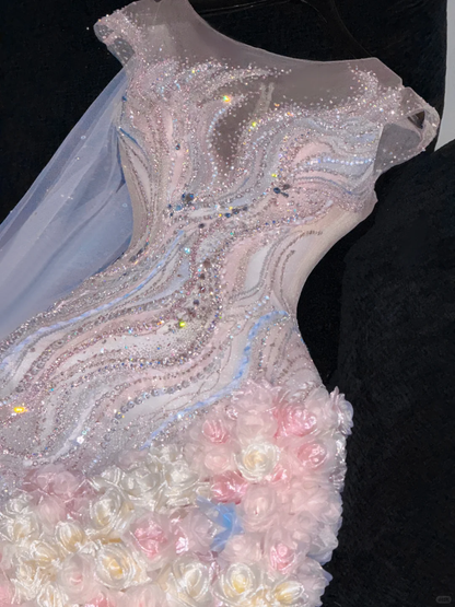 Gorgeous Sparkling Beaded Sequin Mermaid 3D Flowers Design Tulle Evening Dress Prom Dresses D1634