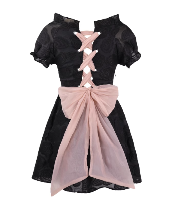 Dark night elf design lace-up back bow dress for women with slim waist A-line short skirt R0091