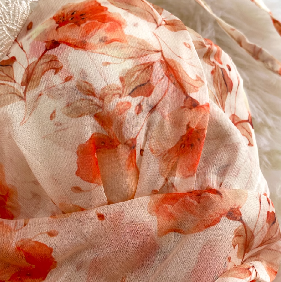 Pure and sweet chiffon lace with built-in chest pad orange sleeveless pullover A-line suspender dress R0364
