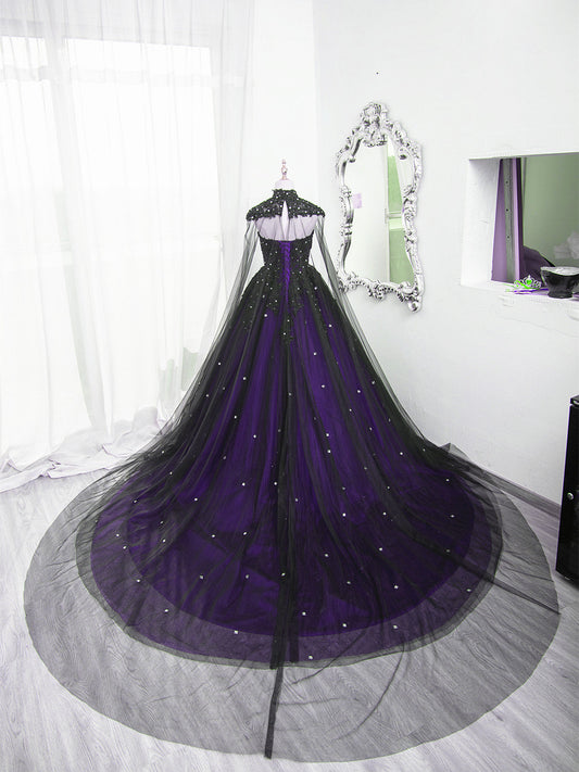 Black And Purple Beaded Tulle Ball Gowns Sweet 16 Dress, Black And Purple Prom Dresses With Cap