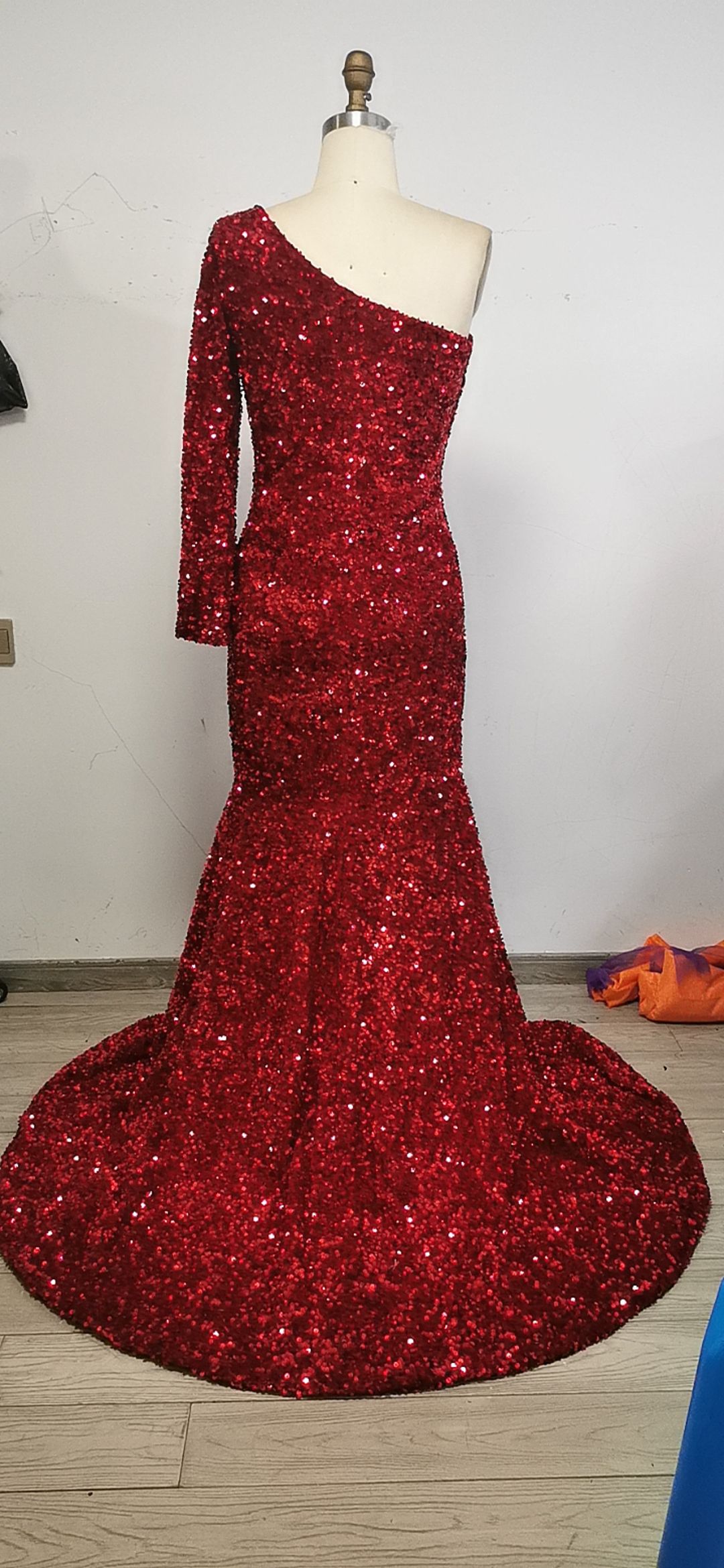 Black Girl Prom Dress One Shoulder Mermaid Red Prom Dresses | Cheap Sequins Prom Gown