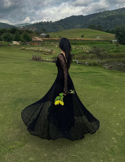 Black Lace Sexy A Line Long Sleeve Prom Dress Prom Gowns