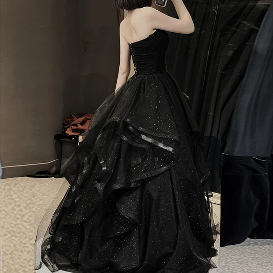 Black Sweetheart Tulle Long Prom Gowns, Black Prom Dress