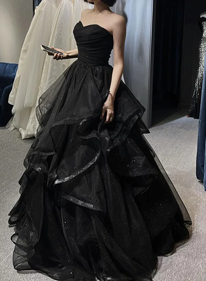 Black Sweetheart Tulle Long Prom Gowns, Black Prom Dress