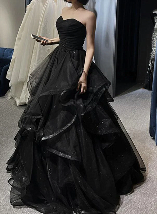 Black Sweetheart Tulle Long Prom Gowns, Black Prom Dress