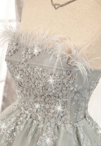 Pretty Homecoming Dress Strapless Feather Beaded Sequins Prom Dress Back to School Outfits Party Dress  D6103