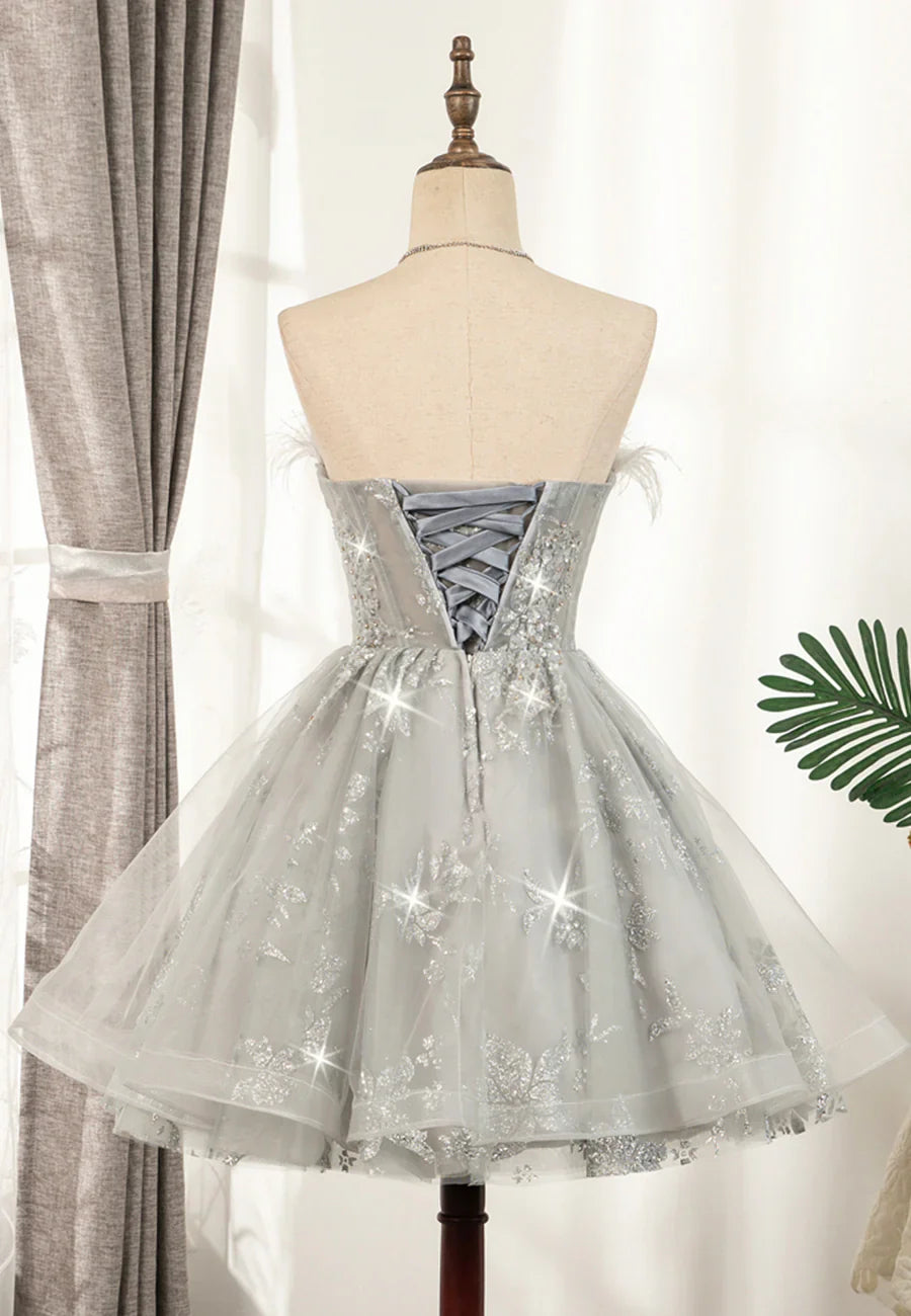 Pretty Homecoming Dress Strapless Feather Beaded Sequins Prom Dress Back to School Outfits Party Dress  D6103