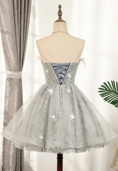 Pretty Homecoming Dress Strapless Feather Beaded Sequins Prom Dress Back to School Outfits Party Dress  D6103