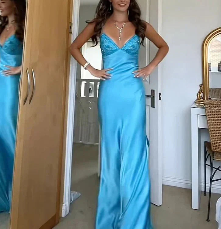 Blue Beaded Sequined Long Prom Gowns Prom Dress