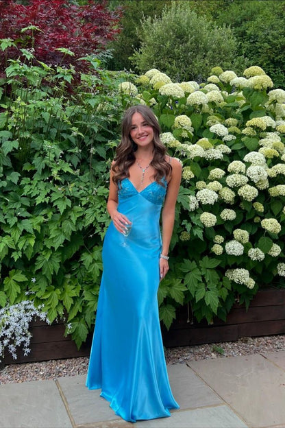 Blue Beaded Sequined Long Prom Gowns Prom Dress