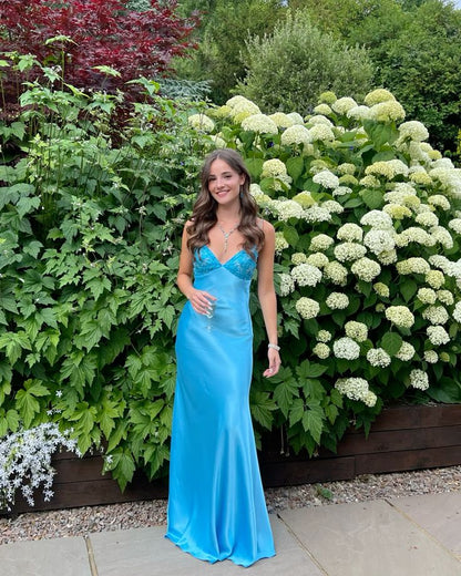 Blue Beaded Sequined Long Prom Gowns Prom Dress