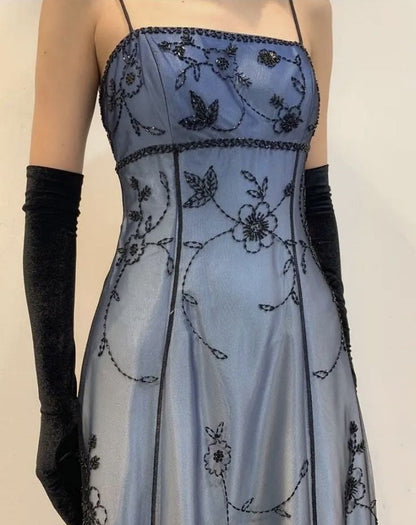 Blue/Grey Delicate Beaded Long Tulle Elegant Ball Gowns Prom Dress Prom Birthday Prom Dress