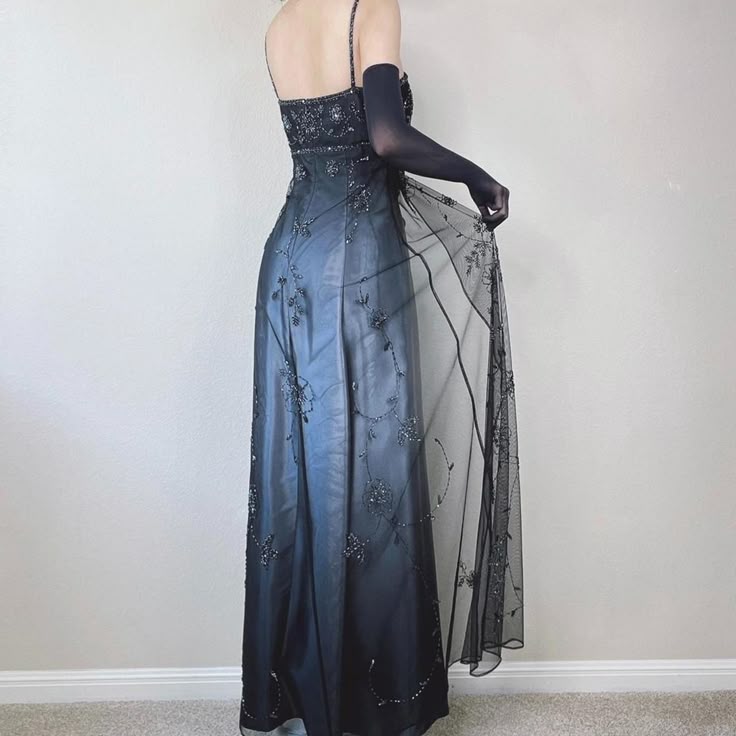 Blue/Grey Delicate Beaded Long Tulle Elegant Ball Gowns Prom Dress Prom Birthday Prom Dress