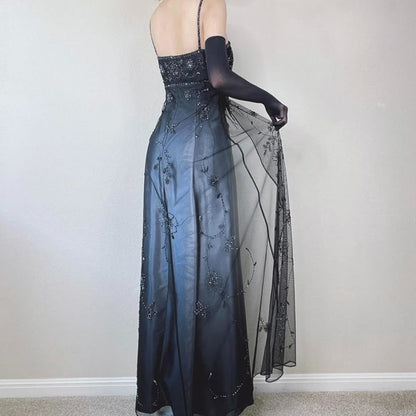 Blue/Grey Delicate Beaded Long Tulle Elegant Ball Gowns Prom Dress Prom Birthday Prom Dress