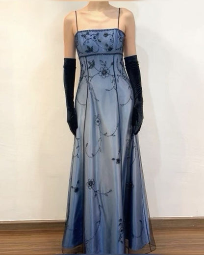 Blue/Grey Delicate Beaded Long Tulle Elegant Ball Gowns Prom Dress Prom Birthday Prom Dress
