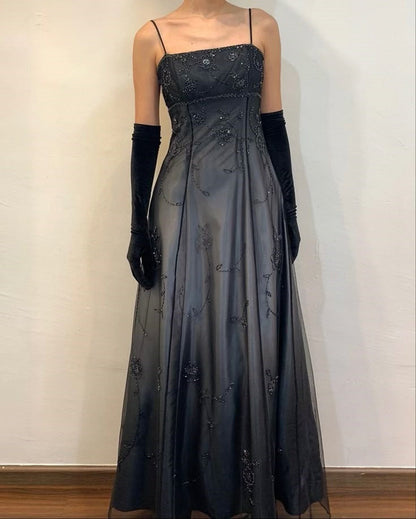 Blue/Grey Delicate Beaded Long Tulle Elegant Ball Gowns Prom Dress Prom Birthday Prom Dress