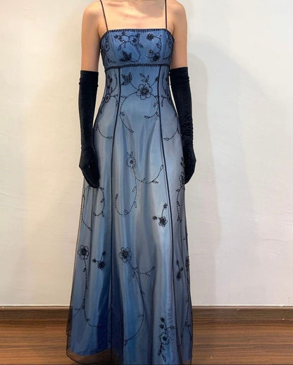 Blue/Grey Delicate Beaded Long Tulle Elegant Ball Gowns Prom Dress Prom Birthday Prom Dress