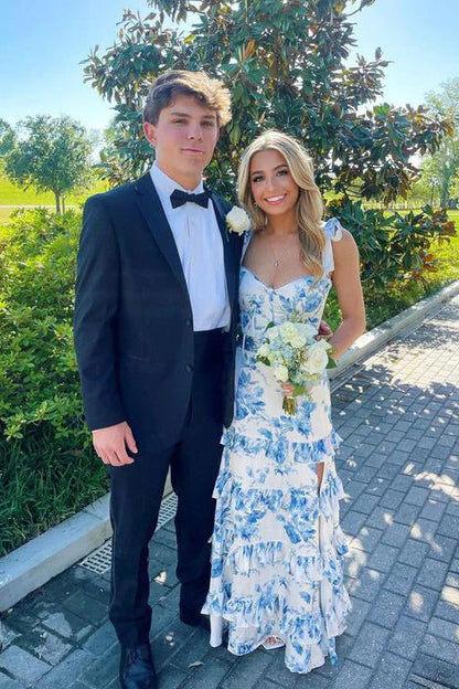 Blue Elegant A-Line Layered Chiffon Floral Backless Long Ball Gowns Prom Dress Prom Dress Graduation Dresses