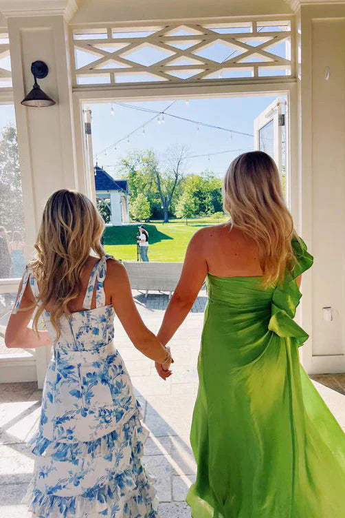 Blue Elegant A-Line Layered Chiffon Floral Backless Long Ball Gowns Prom Dress Prom Dress Graduation Dresses