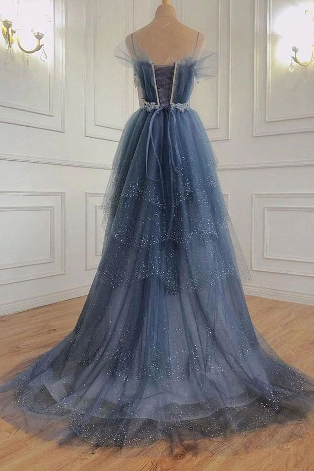 Blue Gorgeous Shiny Elegant Applique Long Tulle Ball Gowns Prom Gowns Graduation Dresses