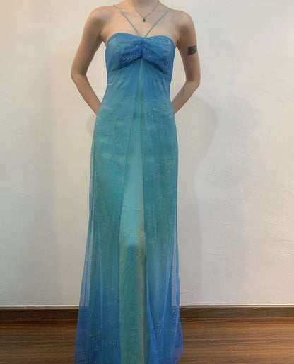 Blue Shiny Fashion Gradient Spray Gold Retro Elegant Sling Long Tulle Ball Gowns Prom Dress
