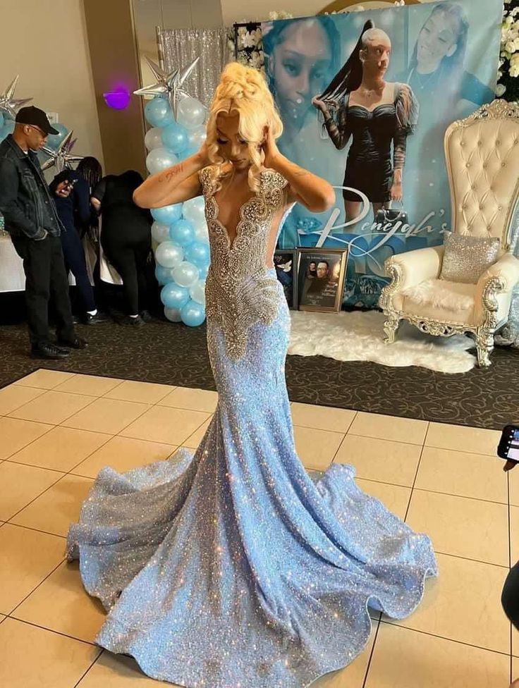 Blue Gorgeous Shiny Sequins Long Mermaid Slim Ball Gowns Prom Dresses