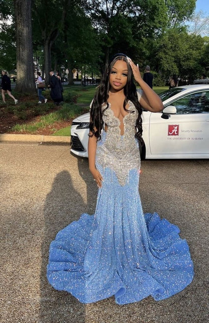 Blue Gorgeous Shiny Sequins Long Mermaid Slim Ball Gowns Prom Dresses