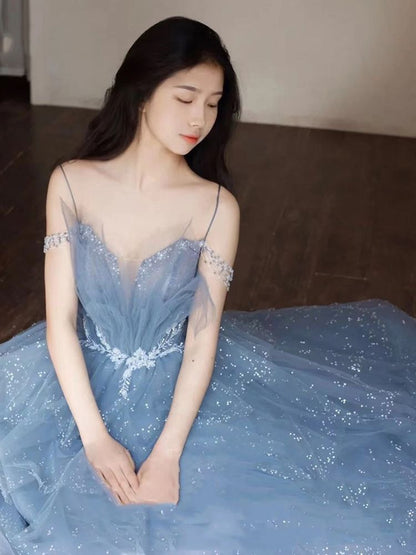 Blue Gorgeous Tulle Beaded Long A-Line Ball Gowns Prom Dresses