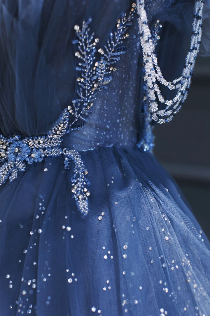 Blue Gorgeous Tulle Beaded Long A-Line Ball Gowns Prom Dresses