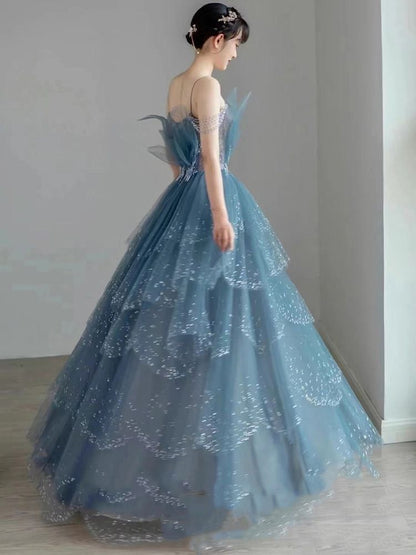 Blue Gorgeous Tulle Beaded Long A-Line Ball Gowns Prom Dresses