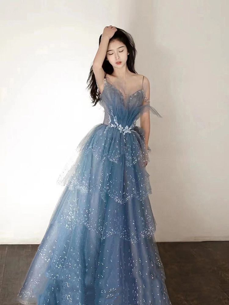 Blue Gorgeous Tulle Beaded Long A-Line Ball Gowns Prom Dresses