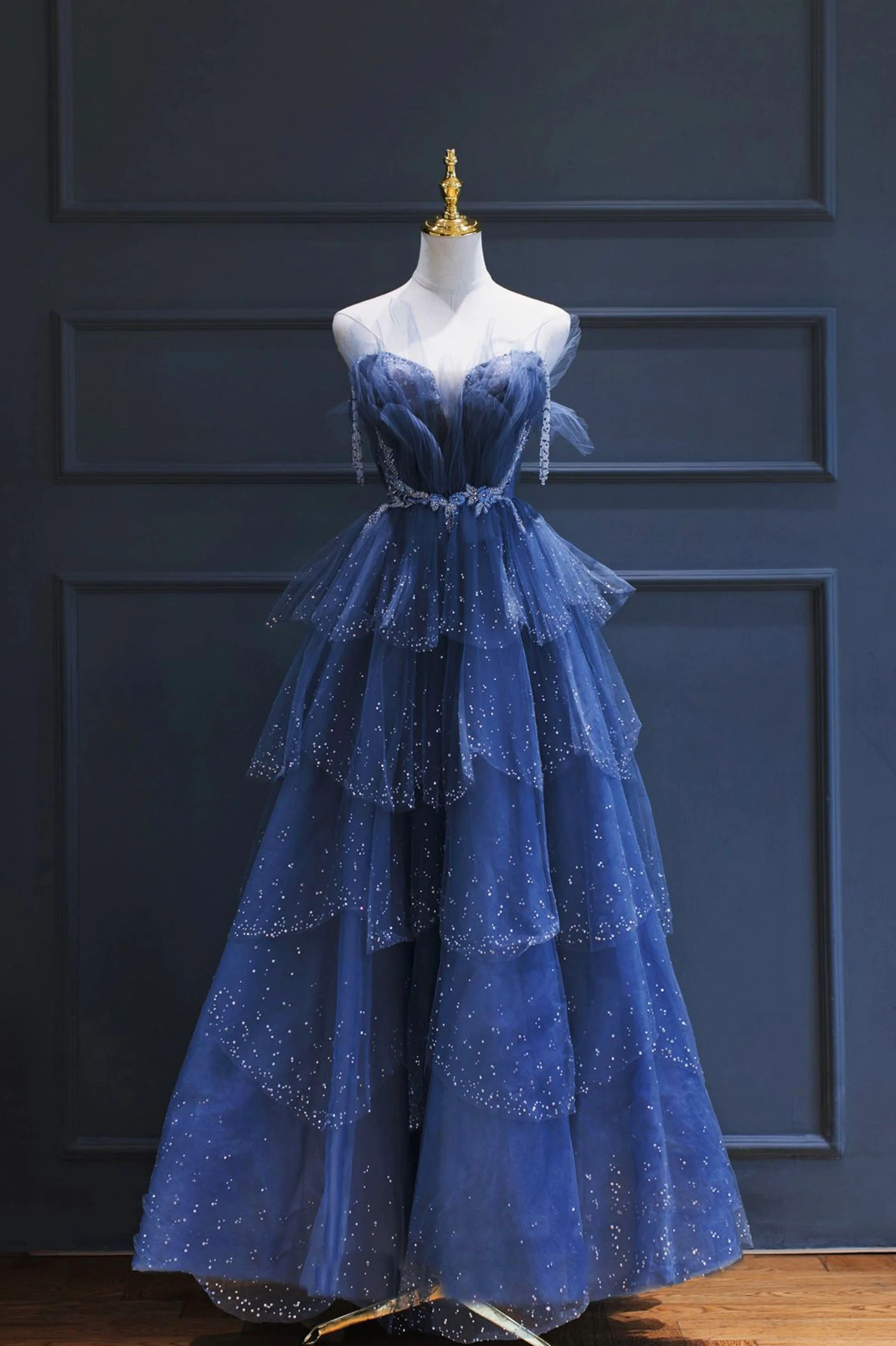 Blue Gorgeous Tulle Beaded Long A-Line Ball Gowns Prom Dresses