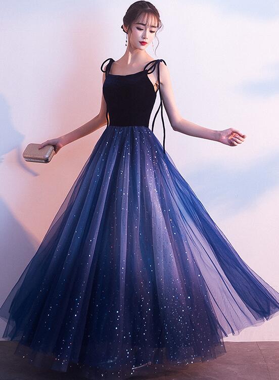 Blue Tulle With Velvet Straps Long Prom Dresses, Gorgeous Prom Gowns