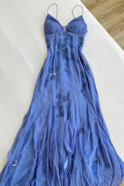 Blue Vintage Elegant V Neck Exquisite Embroidery Applique Beading Long Chiffon Prom Dress Prom Gowns Prom Dresses