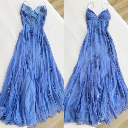 Blue Vintage Elegant V Neck Exquisite Embroidery Applique Beading Long Chiffon Prom Dress Prom Gowns Prom Dresses