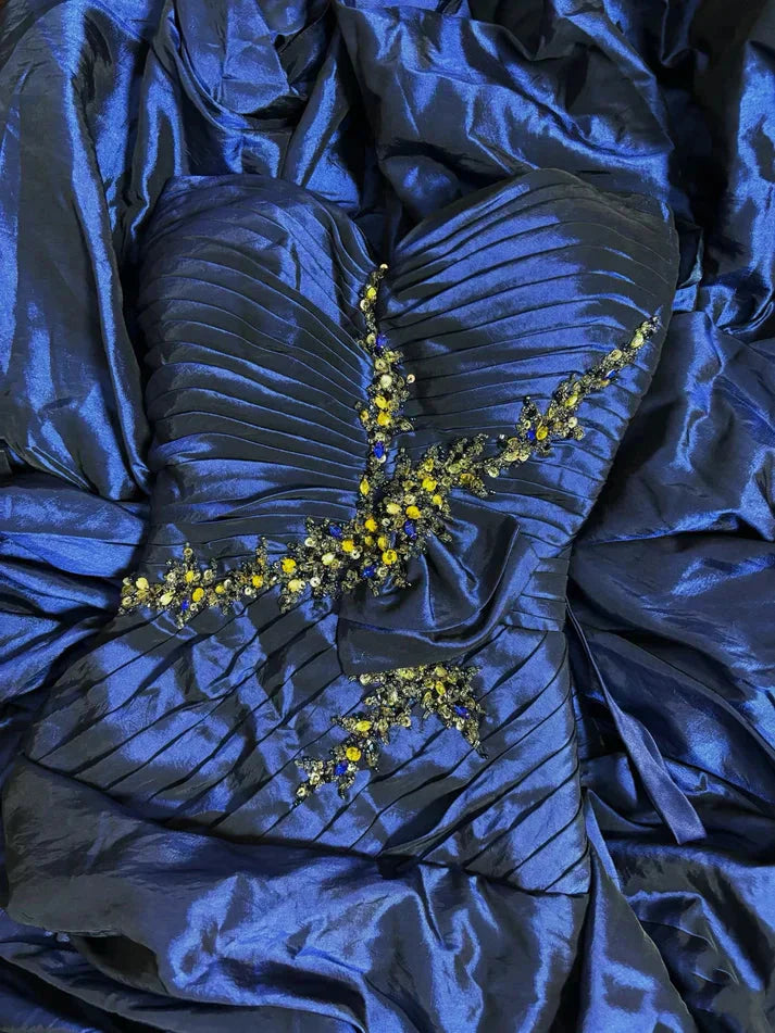 Blue Vintage Rhinestone Embellished Elegant Long Pleated Ball Gowns Prom Dresses