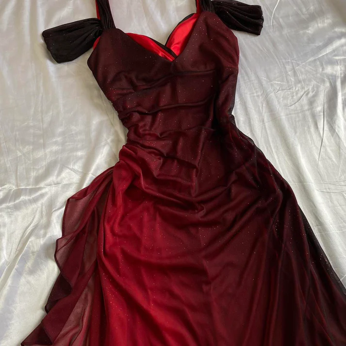 Burgundy A Line Shiny Long Prom Dresses Ruffled Prom Gowns