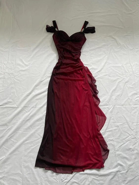 Burgundy A Line Shiny Long Prom Dresses Ruffled Prom Gowns