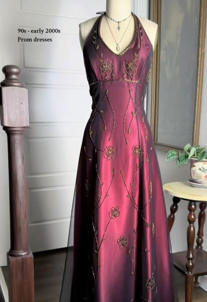 Vintage Fuchsia Halter-Neck A-Line Beaded Chiffon Long Prom Dresses Prom Gowns